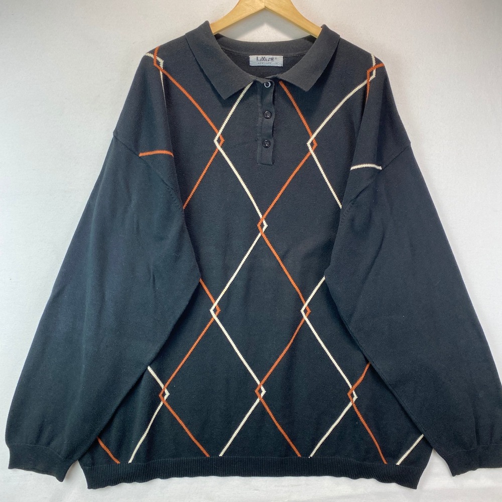 VTG Y2K Lavane Argyle Polo Sweater Mens 3X Black Orange Knit Long Sleeve Collar